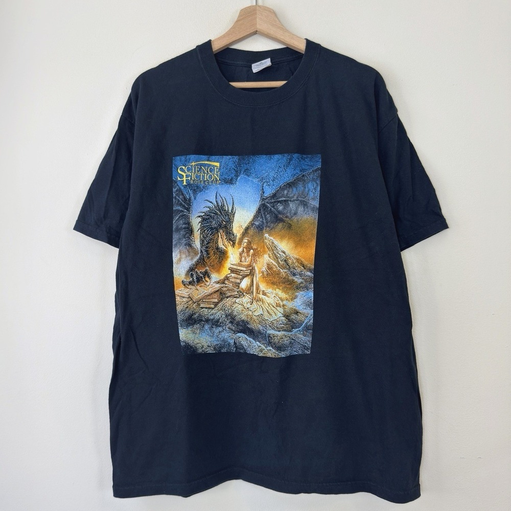 Vintage Science Fiction Book Club Fire Dragon Art Fantasy Black Tee Shirt - XL